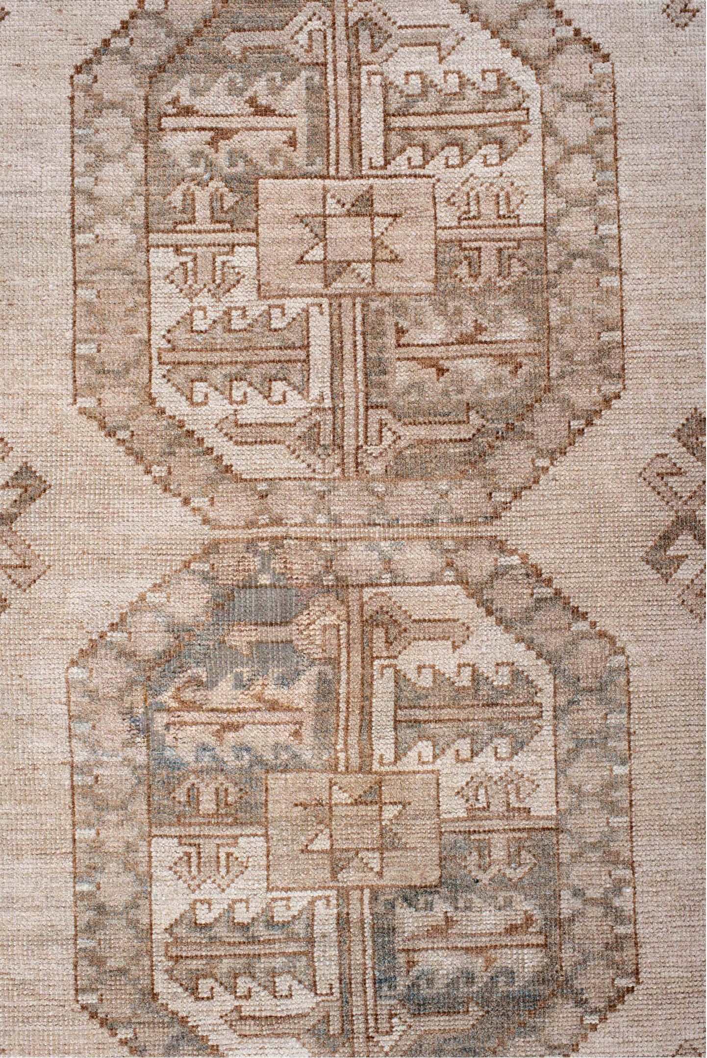 7' x 10' one-of-a-kind handmade vintage Afghan large size rug. Color palette: gray, light gray, off-white, pink