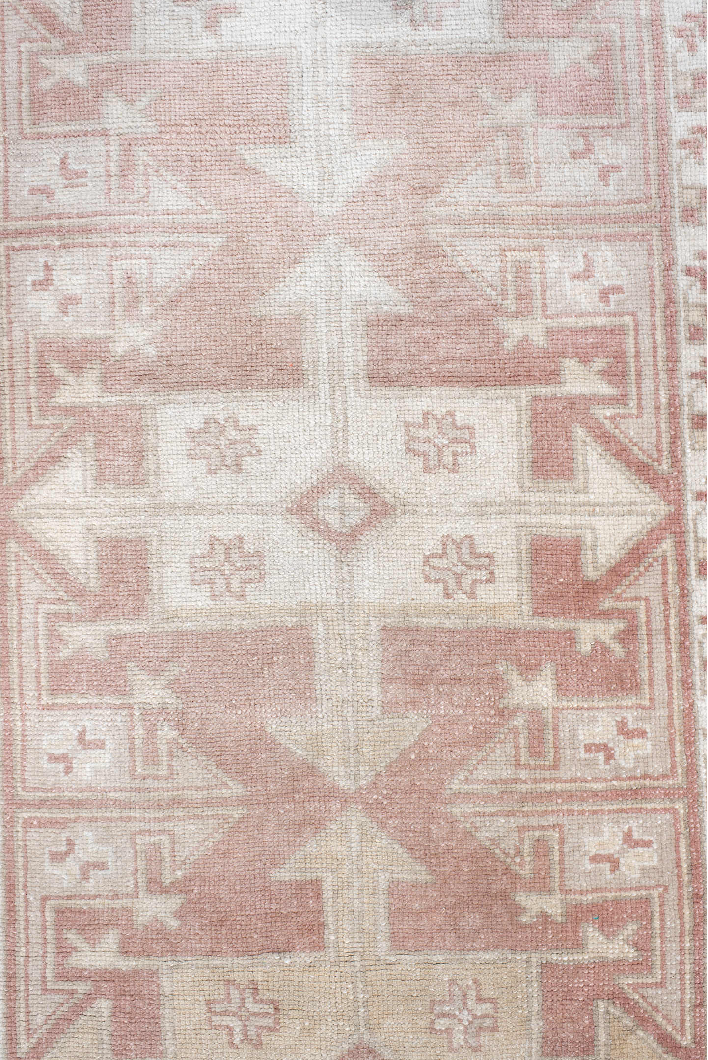 3' x 6' one-of-a-kind handmade vintage runner rug. Color palette: gainsboro, gray, light gray, off-white, pink, rosy brown