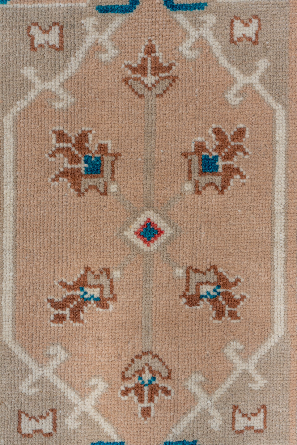 2' x 3' one-of-a-kind handmade vintage Oushak small size rug. Color palette: blue, brown, gray, light gray, off-white, pink