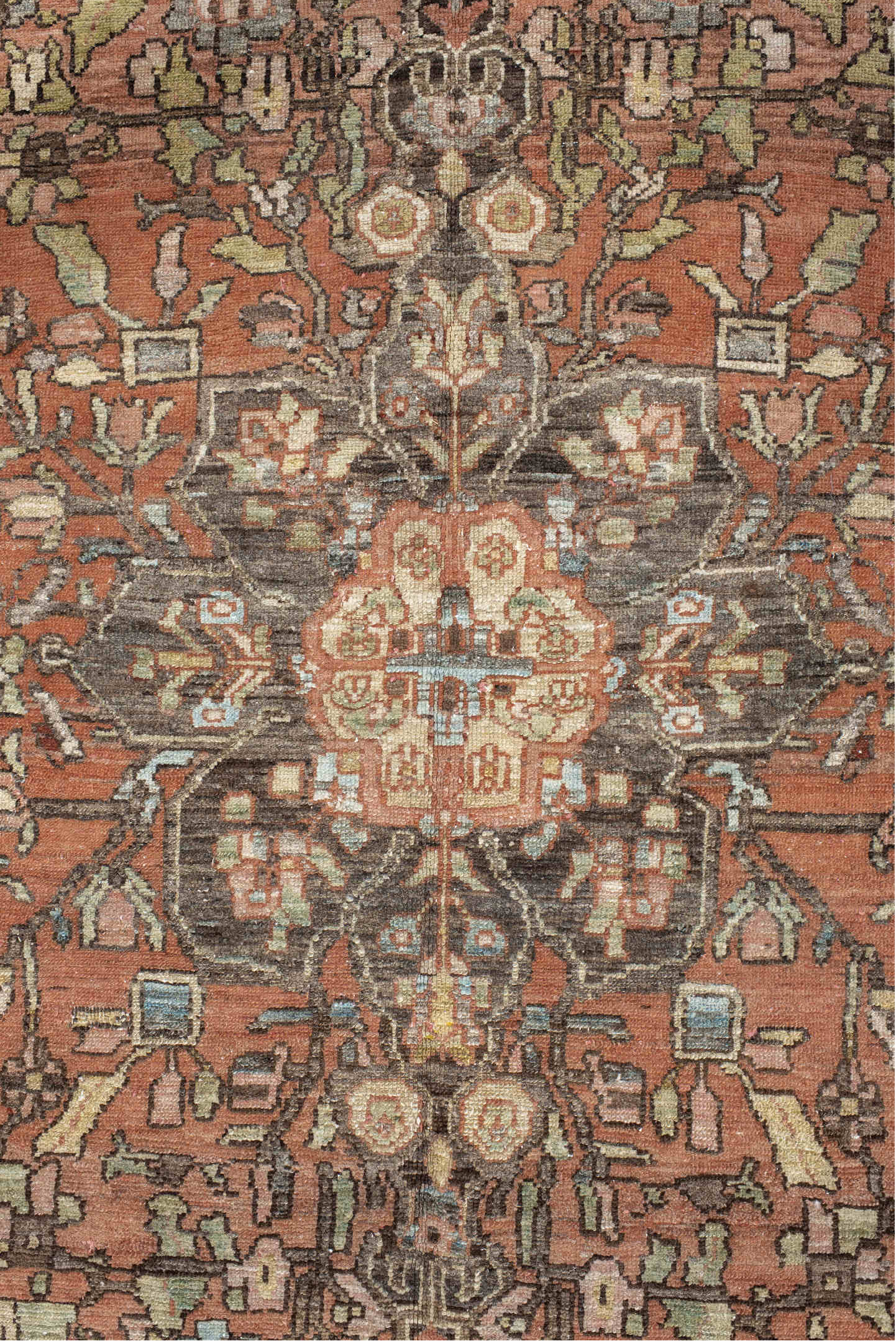 4' x 6' one-of-a-kind handmade vintage Baktiary small size rug. Color palette: gray, pink, brown, black, off-white, orange