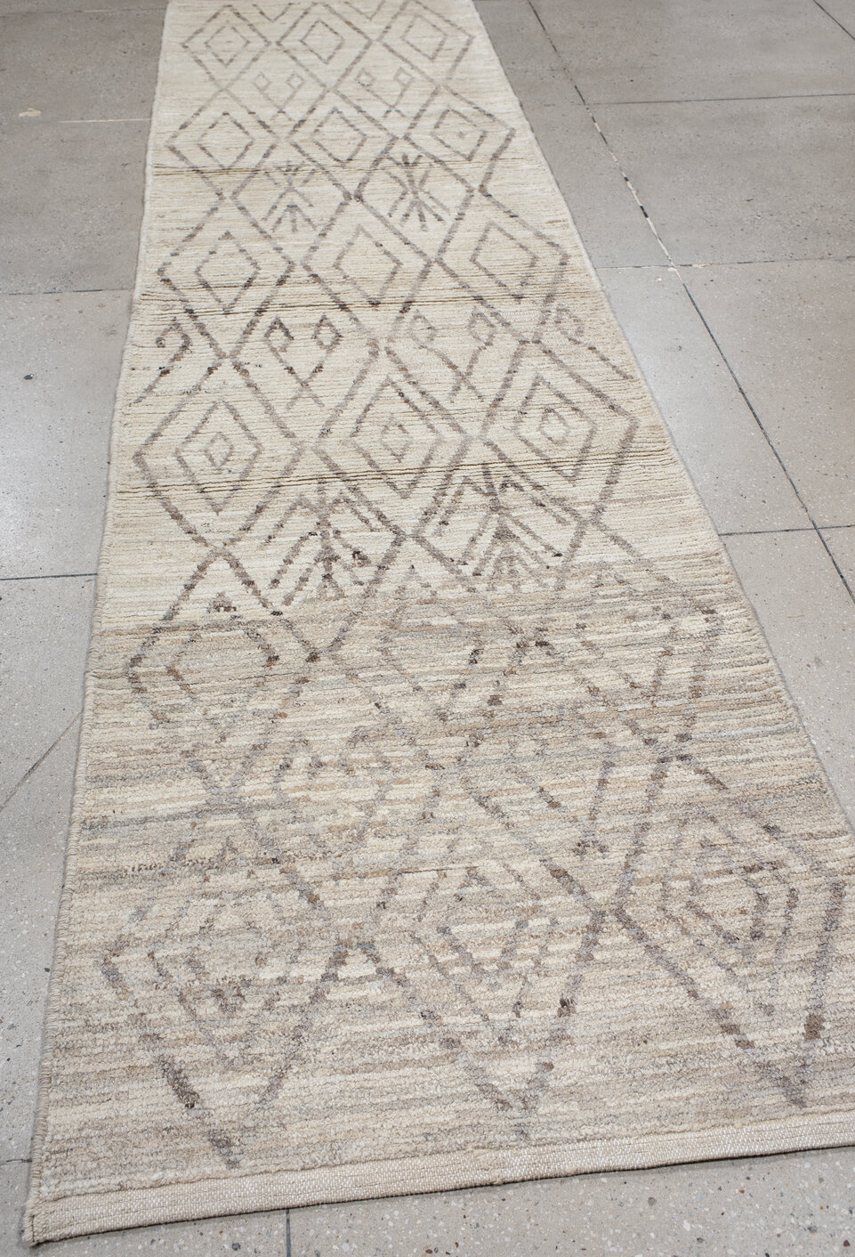 3' x 12' one-of-a-kind handmade vintage Tulu runner rug. Color palette: gainsboro, gray, light gray, off-white, pink, silver
