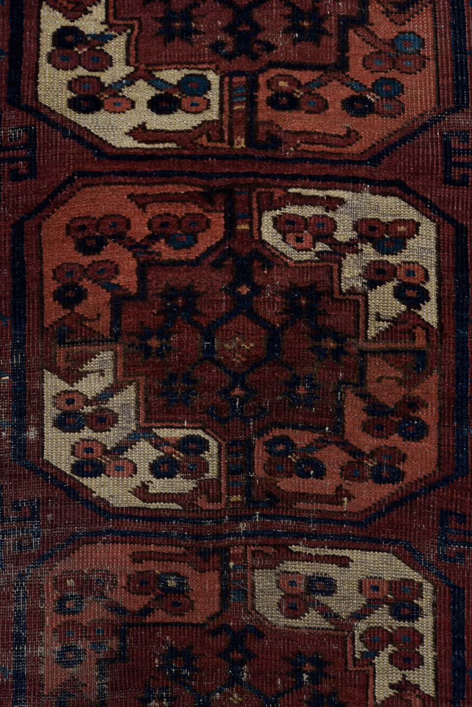 7' x 8' one-of-a-kind handmade vintage Afghan rug. Color palette: black, brown, gray, light gray, off-white, pink, red