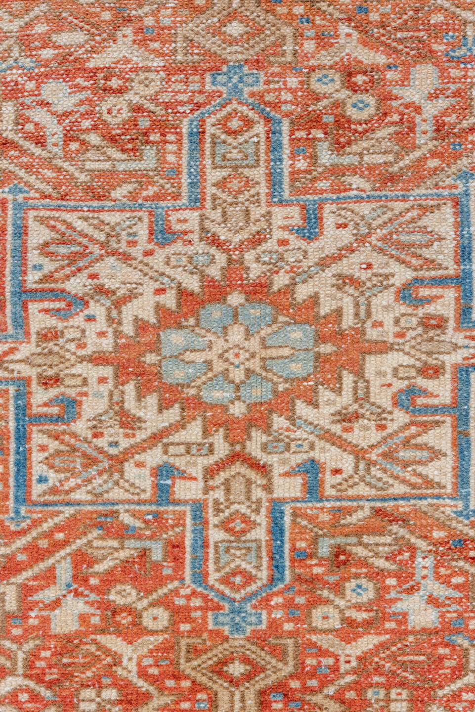 3' x 16' one-of-a-kind handmade vintage Karaje runner rug. Color palette: brown, dark salmon, gray, light blue, light gray