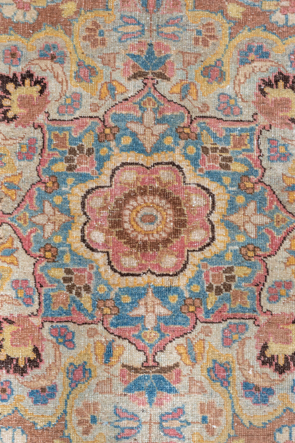4' x 5' one-of-a-kind handmade vintage Tabriz small size rug. Color palette: blue, brown, gray, light gray, off-white