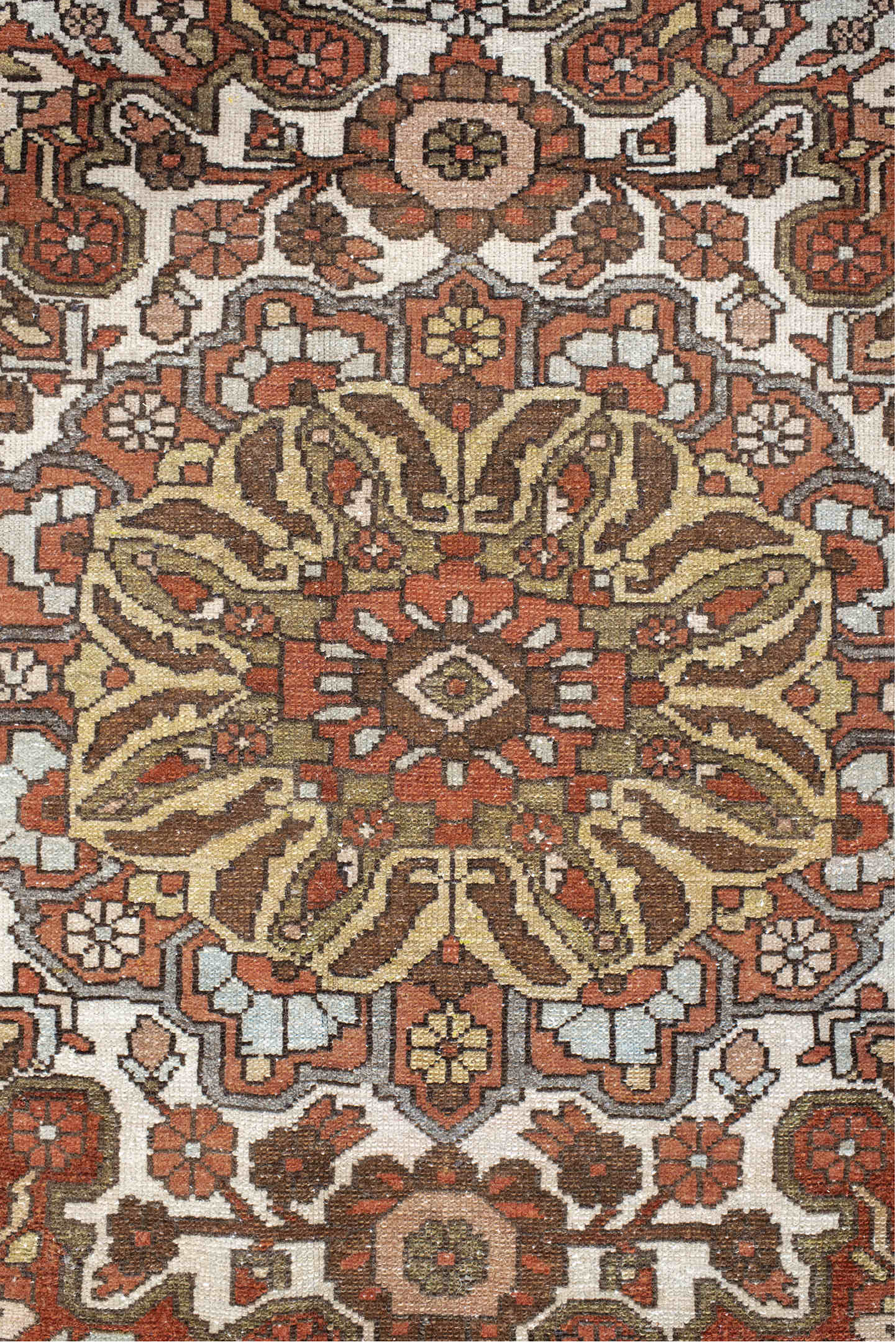 4' x 6' one-of-a-kind handmade vintage Baktiary small size rug. Color palette: brown, floral white, gray, light gray, linen