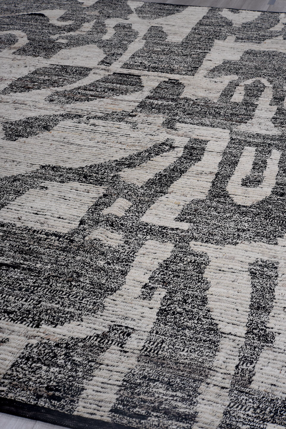 9' x 12' one-of-a-kind handmade vintage Tulu large size rug. Color palette: black, blue, charcoal, dark gray, dim gray