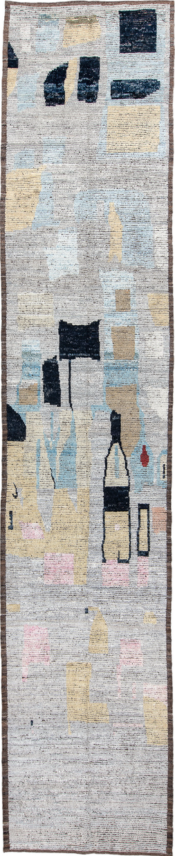 3' x 16' one-of-a-kind handmade vintage Tulu runner rug. Color palette: black, blue, brown, dim gray, gray, light gray