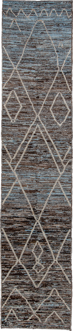 3' x 14' one-of-a-kind handmade vintage Tulu runner rug. Color palette: black, blue, cadet blue, gray, light blue