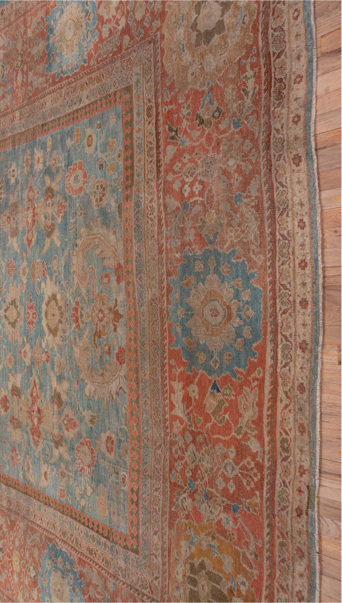 11' x 13' one-of-a-kind handmade vintage Sultanabad oversize rug. Color palette: blue, gray, light gray, off-white, brown