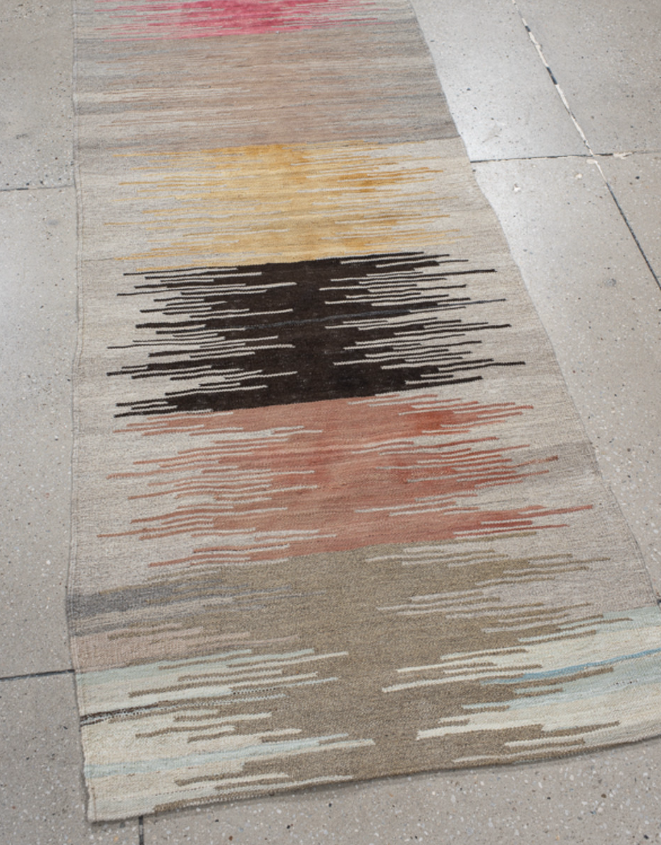 2' x 11' one-of-a-kind handmade vintage Kilim runner rug. Color palette: red, pink, gray, black, light gray, off-white, blue