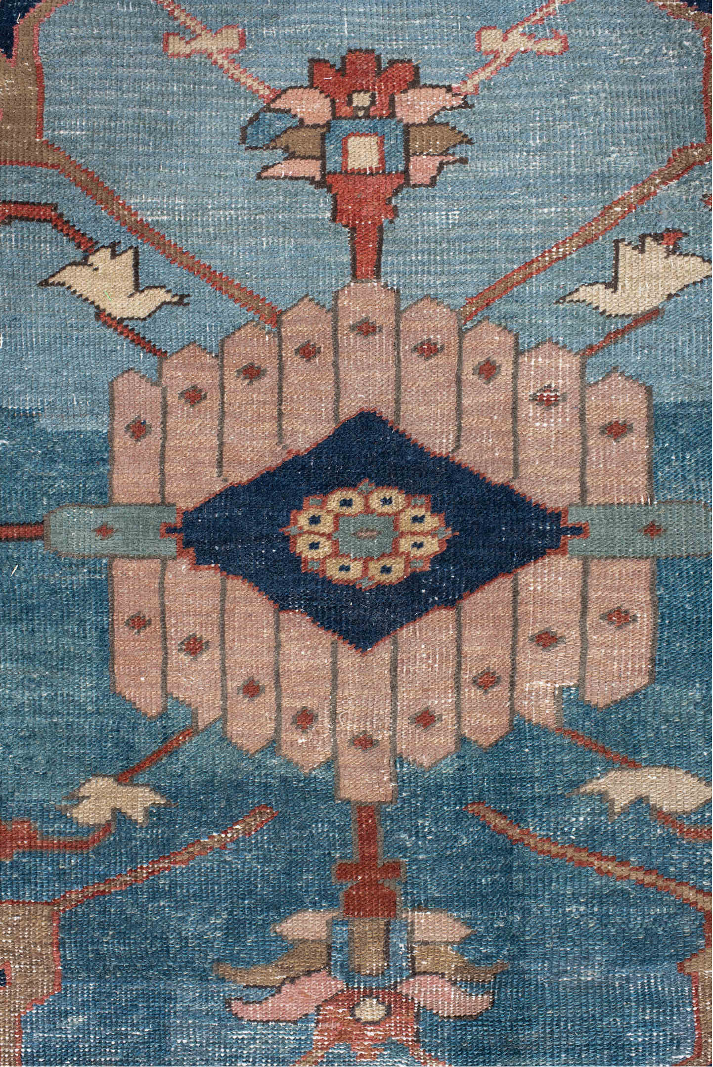 11' x 16' one-of-a-kind handmade vintage Serapi oversize rug. Color palette: pink, gray, blue, black, off-white, brown