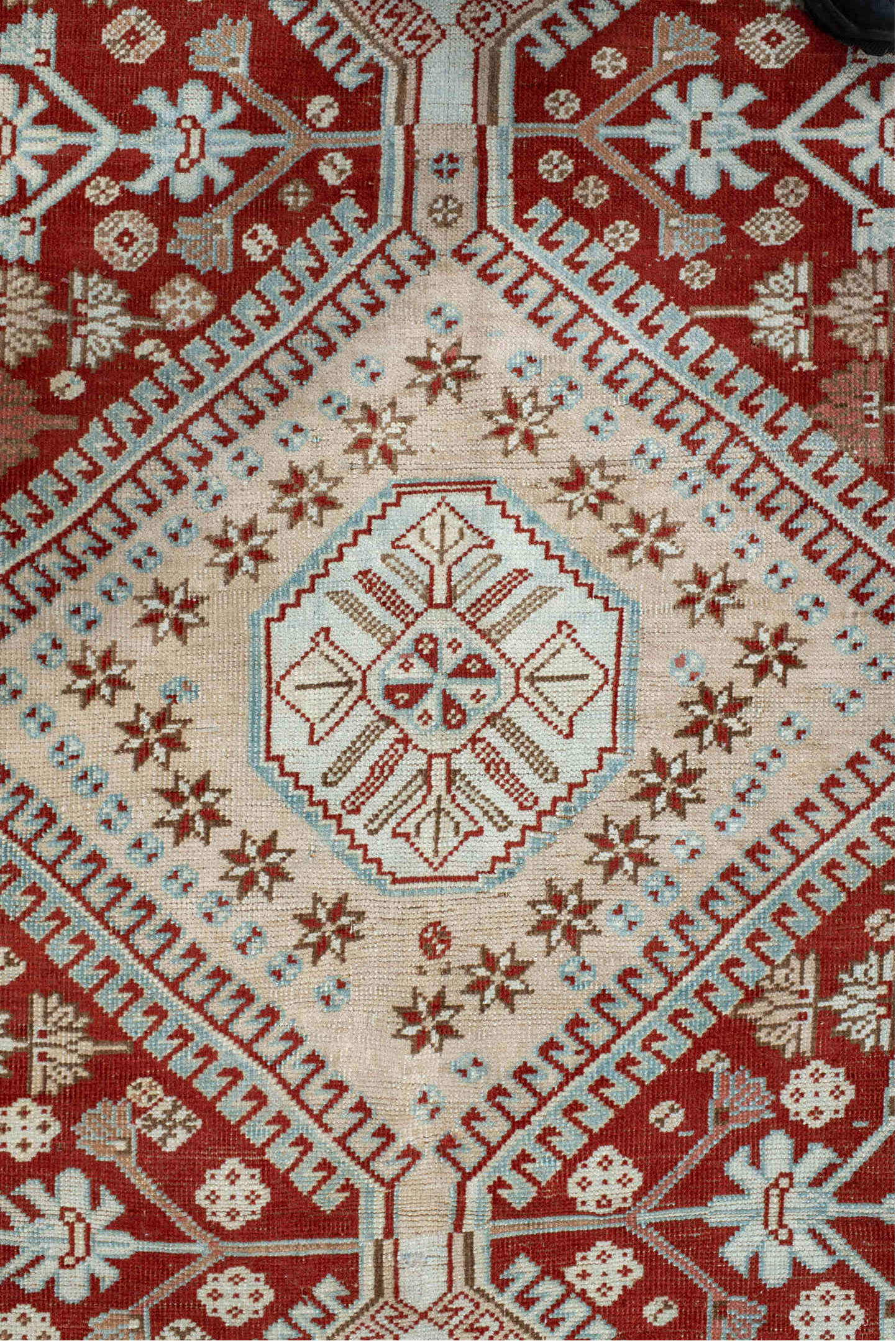 6' x 9' one-of-a-kind handmade vintage Shiraz medium size rug. Color palette: brown, gray, light gray, off-white, orange