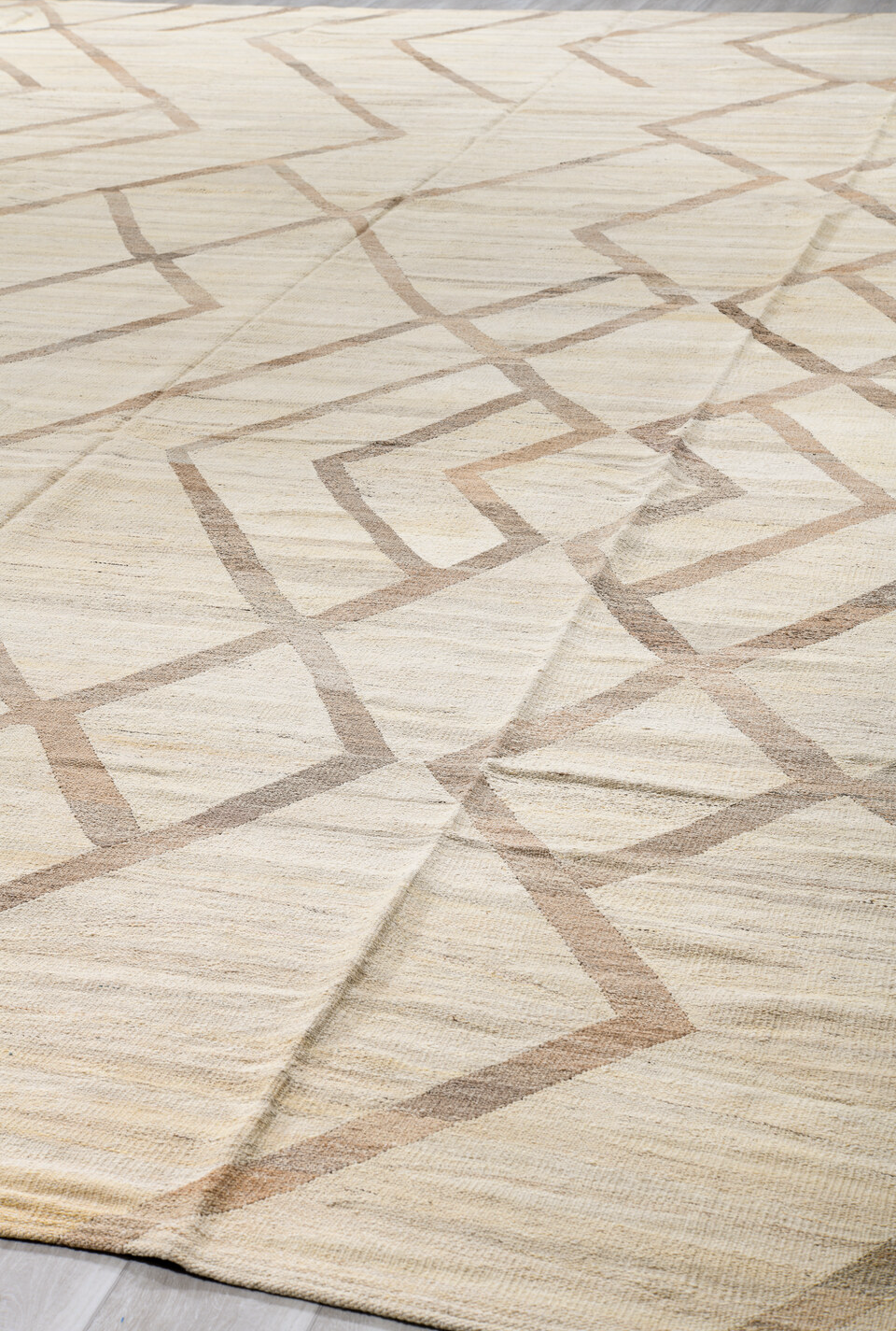 14' x 19' one-of-a-kind handmade vintage Kilim oversize rug. Color palette: black, brown, gray, light gray, linen, off-white