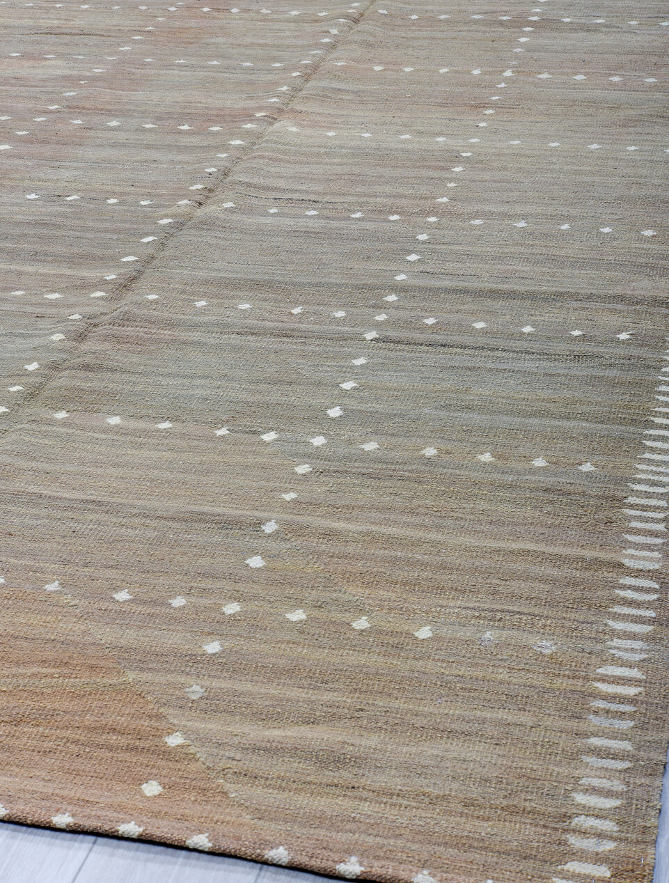 10' x 13' one-of-a-kind handmade vintage Kilim large size rug. Color palette: black, dim gray, gainsboro, gray, light gray