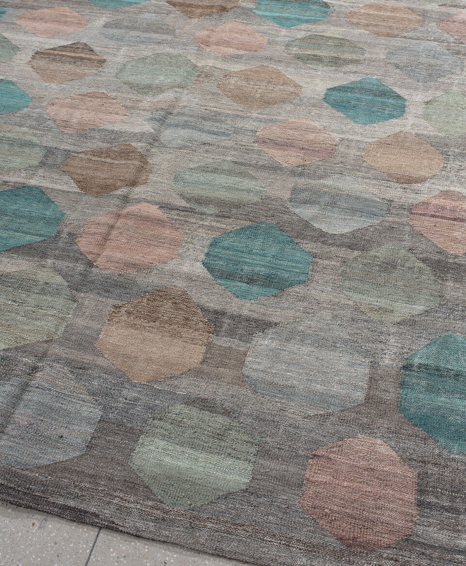 8' x 9' one-of-a-kind handmade vintage Kilim rug. Color palette: blue, brown, dark gray, dim gray, gainsboro, gray