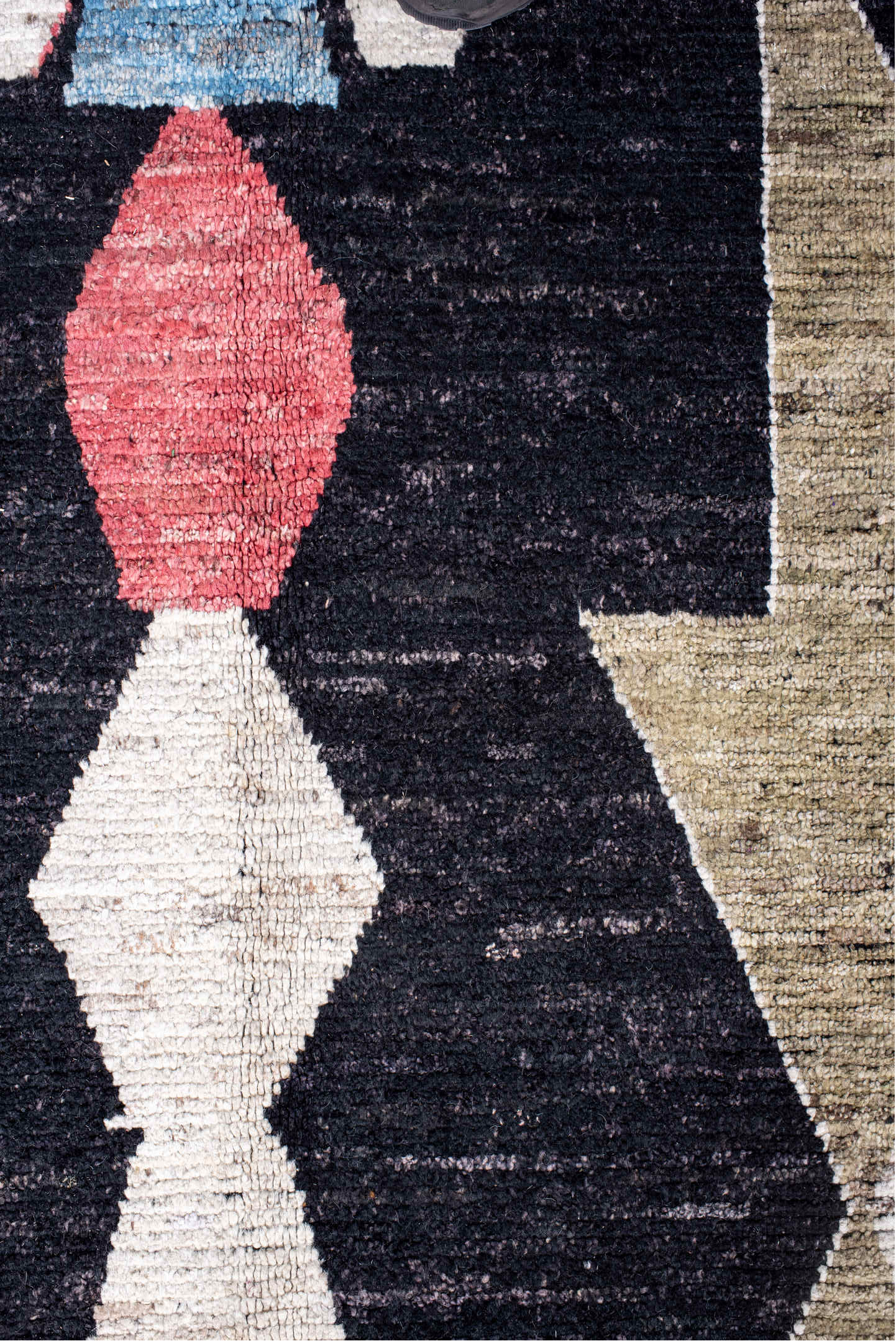 10' x 13' one-of-a-kind handmade vintage Tulu large size rug. Color palette: black, blue, brown, fiord, gainsboro, gray