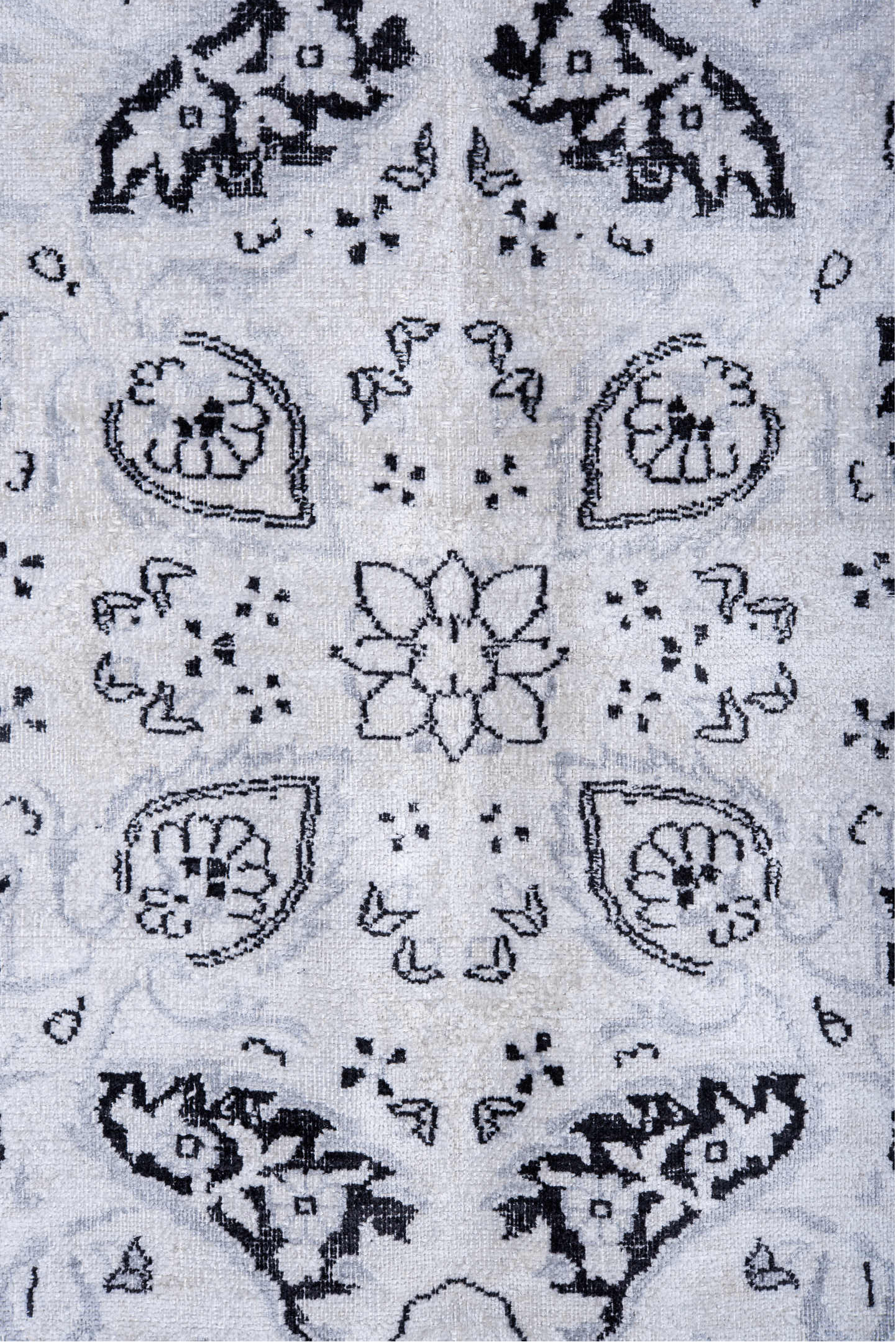 9' x 13' one-of-a-kind handmade vintage Kaisary large size rug. Color palette: alice blue, black, blue, ghost white, gray