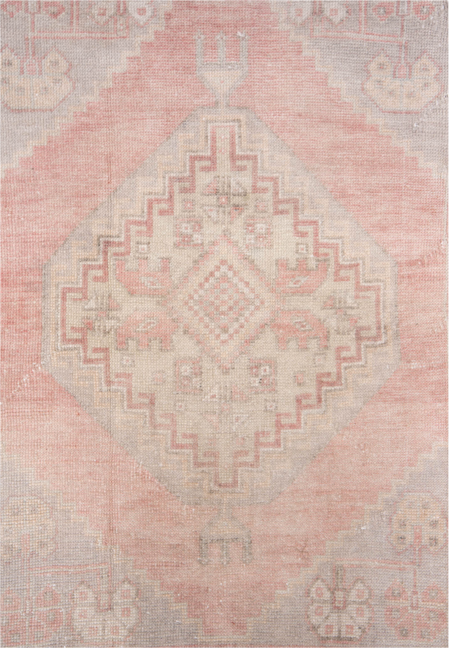 3' x 5' one-of-a-kind handmade vintage Oushak small size rug. Color palette: brown, gray, light gray, off-white, pink, snow