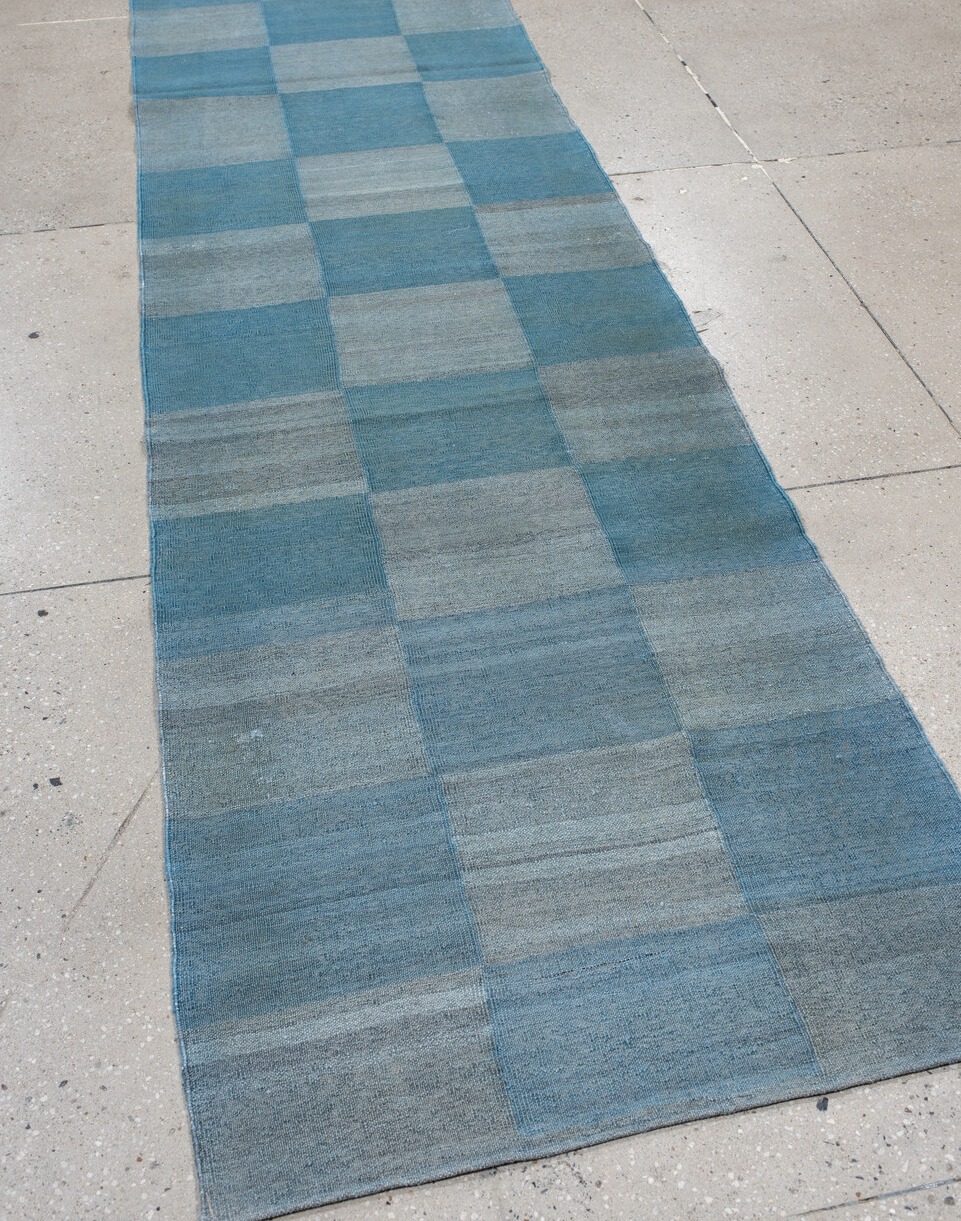 2' x 15' one-of-a-kind handmade vintage Kilim runner rug. Color palette: blue, gray, light blue, light gray