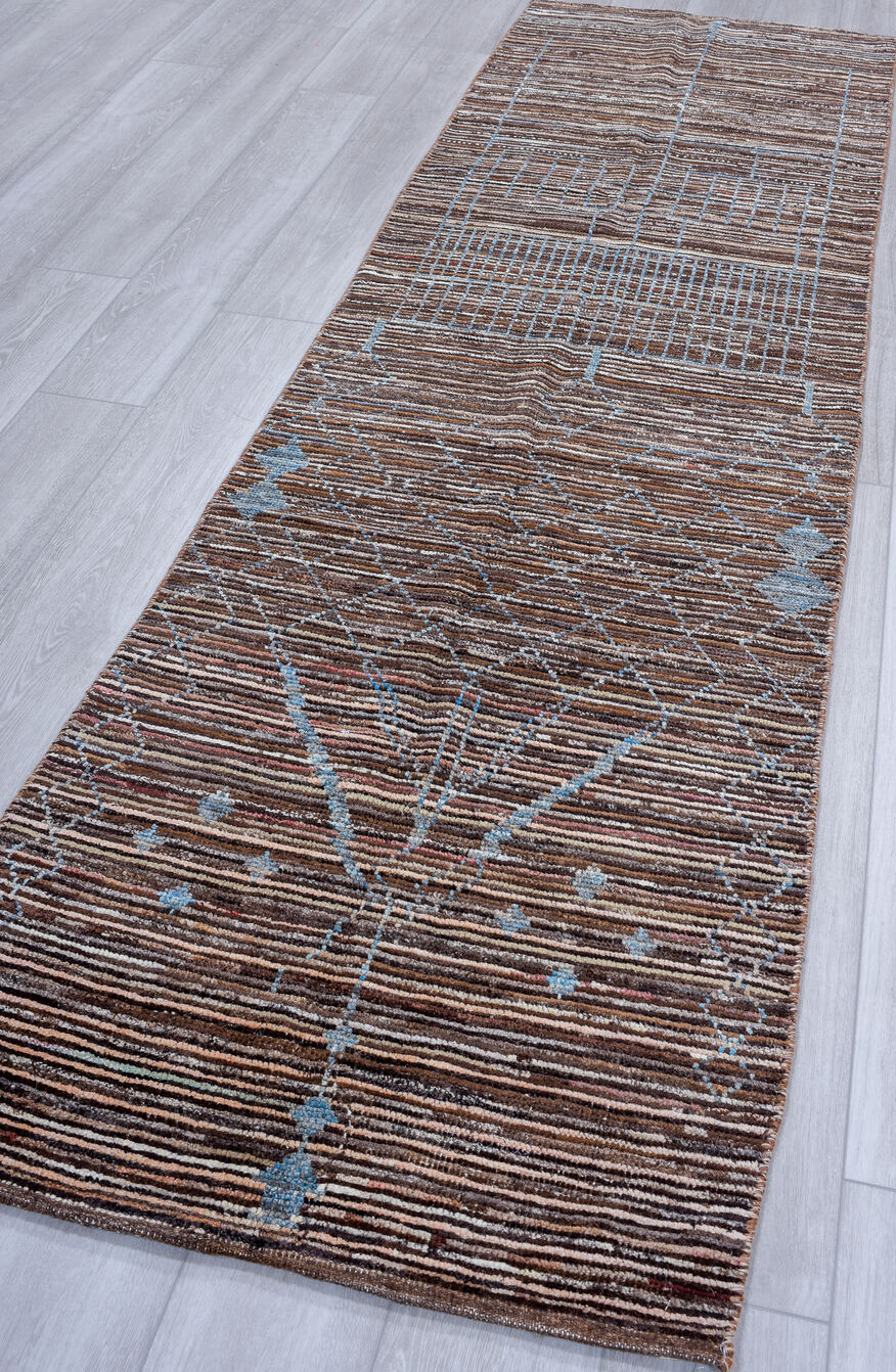 2' x 10' one-of-a-kind handmade vintage Tulu runner rug. Color palette: black, blue, dark gray, fiord, gainsboro, gray