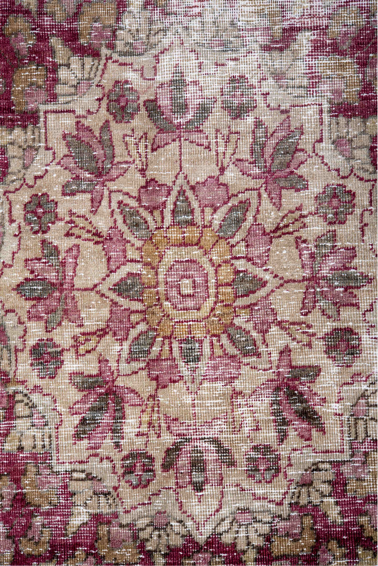 9' x 14' one-of-a-kind handmade vintage Lavar large size rug. Color palette: red, brown, gray, off-white, light gray, pink