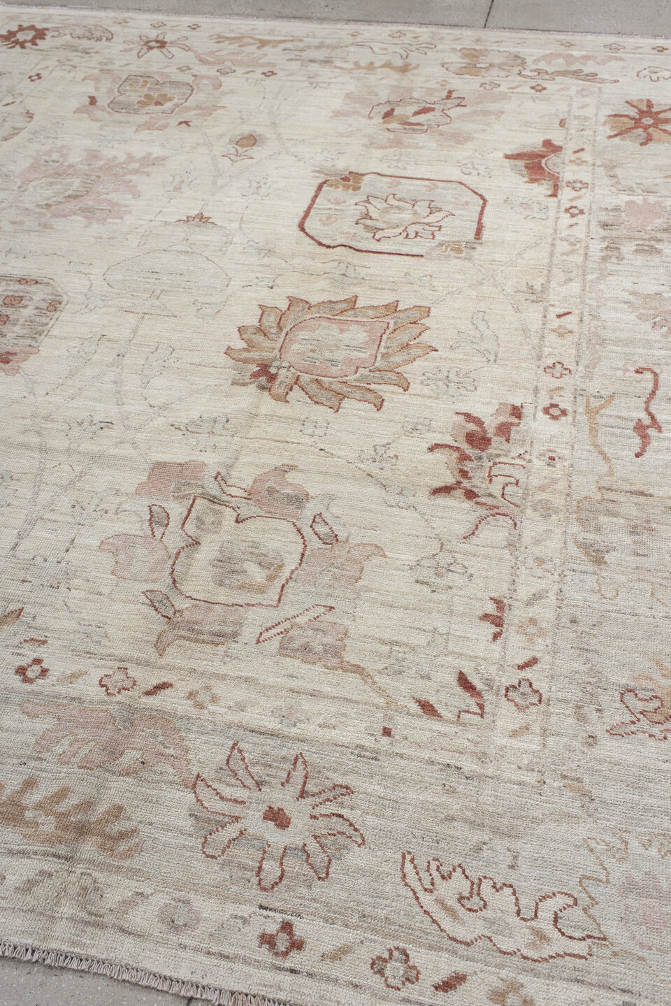 8' x 9' one-of-a-kind handmade vintage Oushak rug. Color palette: light gray, gray, off-white, brown, pink