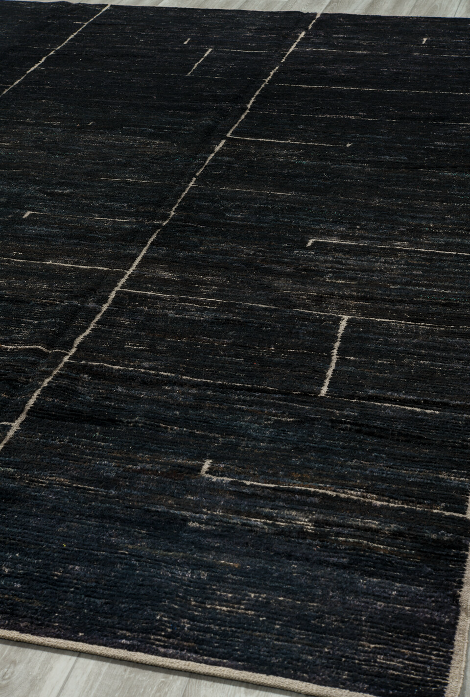 9' x 12' one-of-a-kind handmade vintage Tulu large size rug. Color palette: black, blue, charcoal, gray, light gray