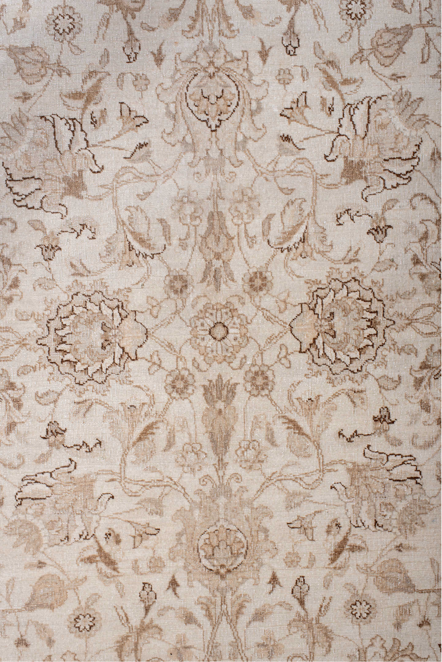 5' x 8' one-of-a-kind handmade vintage Sivas medium size rug. Color palette: brown, off-white, gray, light gray, pink, linen