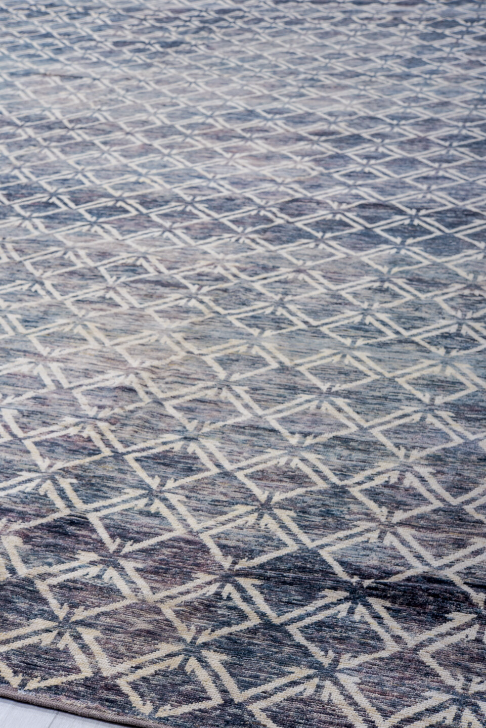 13' x 17' one-of-a-kind handmade vintage Tulu oversize rug. Color palette: blue, dark gray, gainsboro, gray, light gray