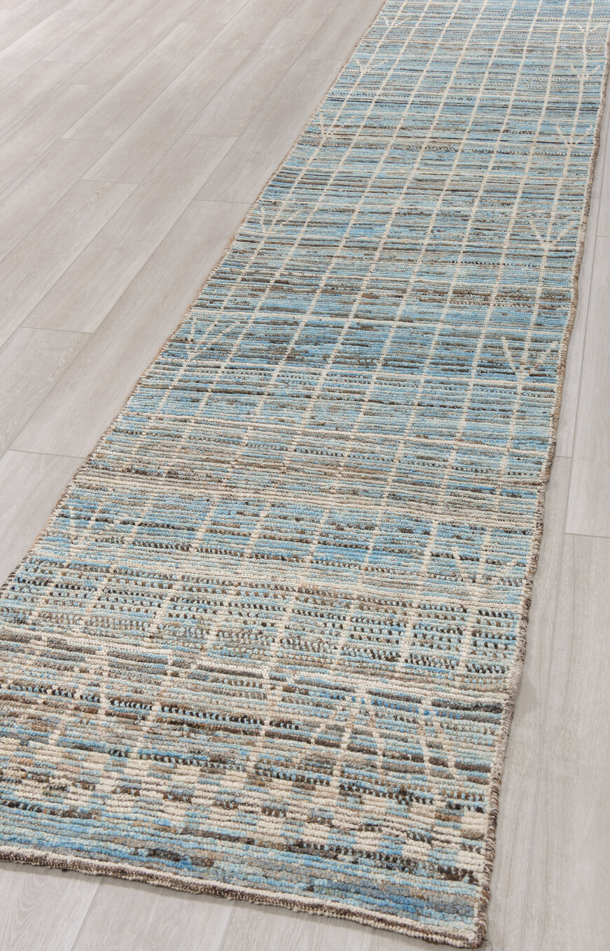 2' x 15' one-of-a-kind handmade vintage Tulu runner rug. Color palette: blue, dark gray, gainsboro, gray, light blue