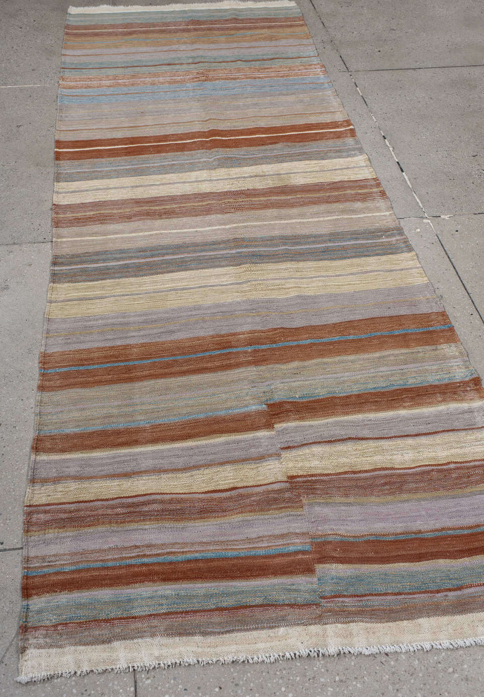 3' x 9' one-of-a-kind handmade vintage Kilim runner rug. Color palette: brown, dim gray, gray, light gray, light slate gray