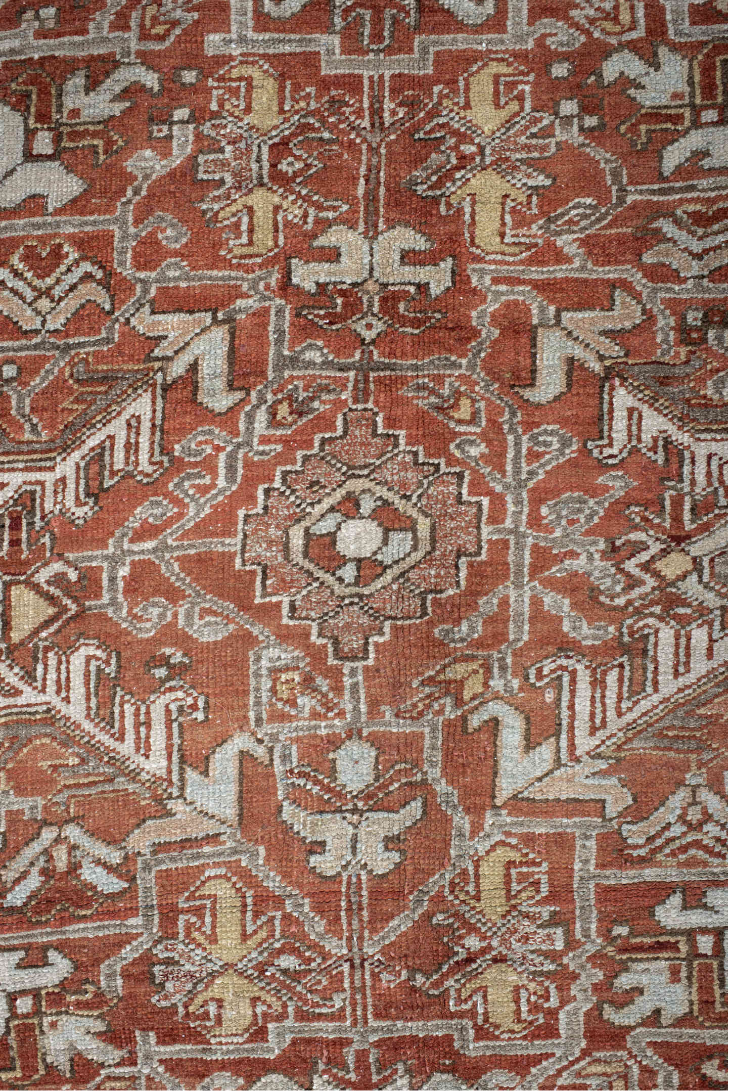 8' x 10' one-of-a-kind handmade vintage large size rug. Color palette: brown, gray, light gray, off-white, pink, red