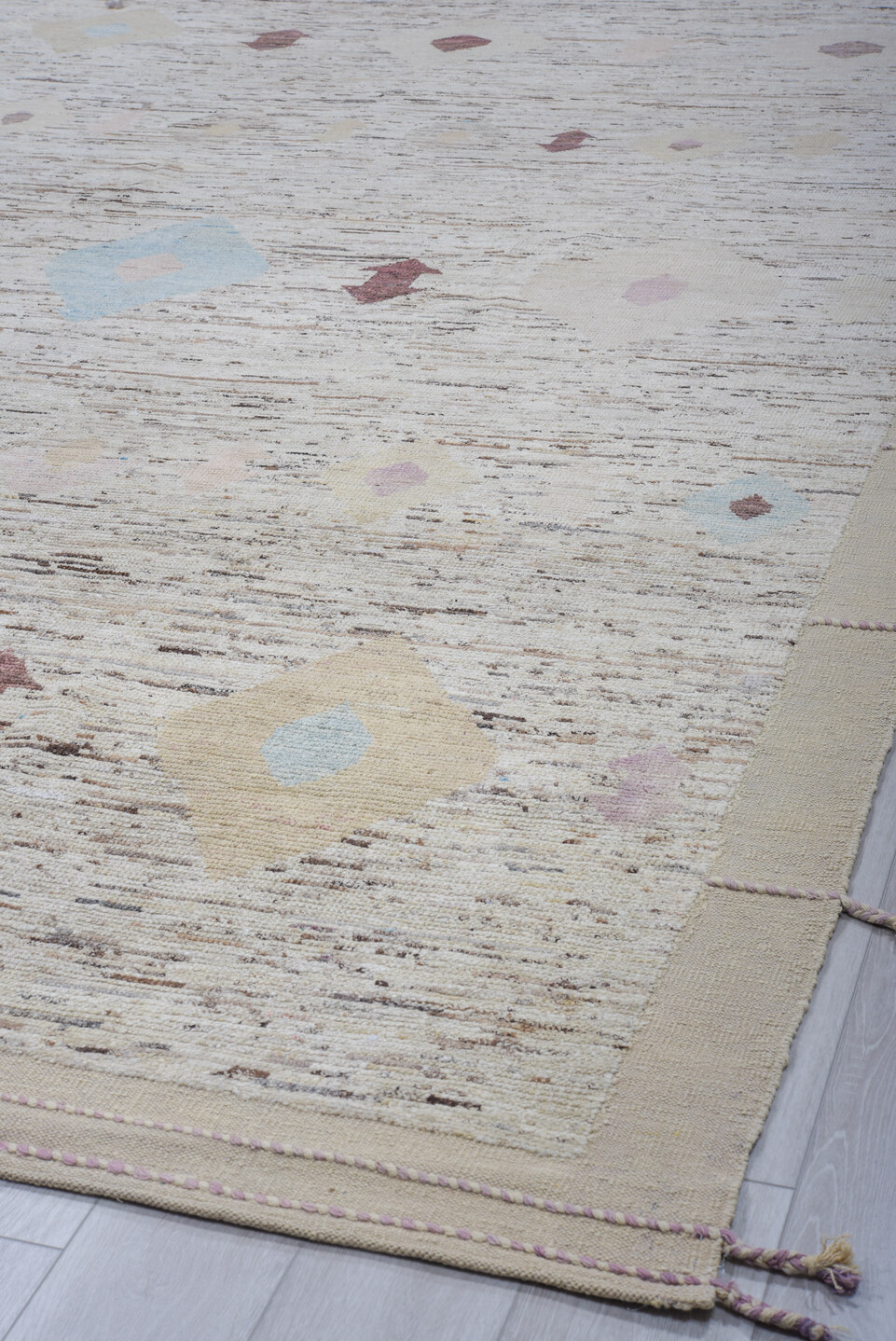 9' x 12' one-of-a-kind handmade vintage Tulu large size rug. Color palette: dark gray, gainsboro, gray, light blue