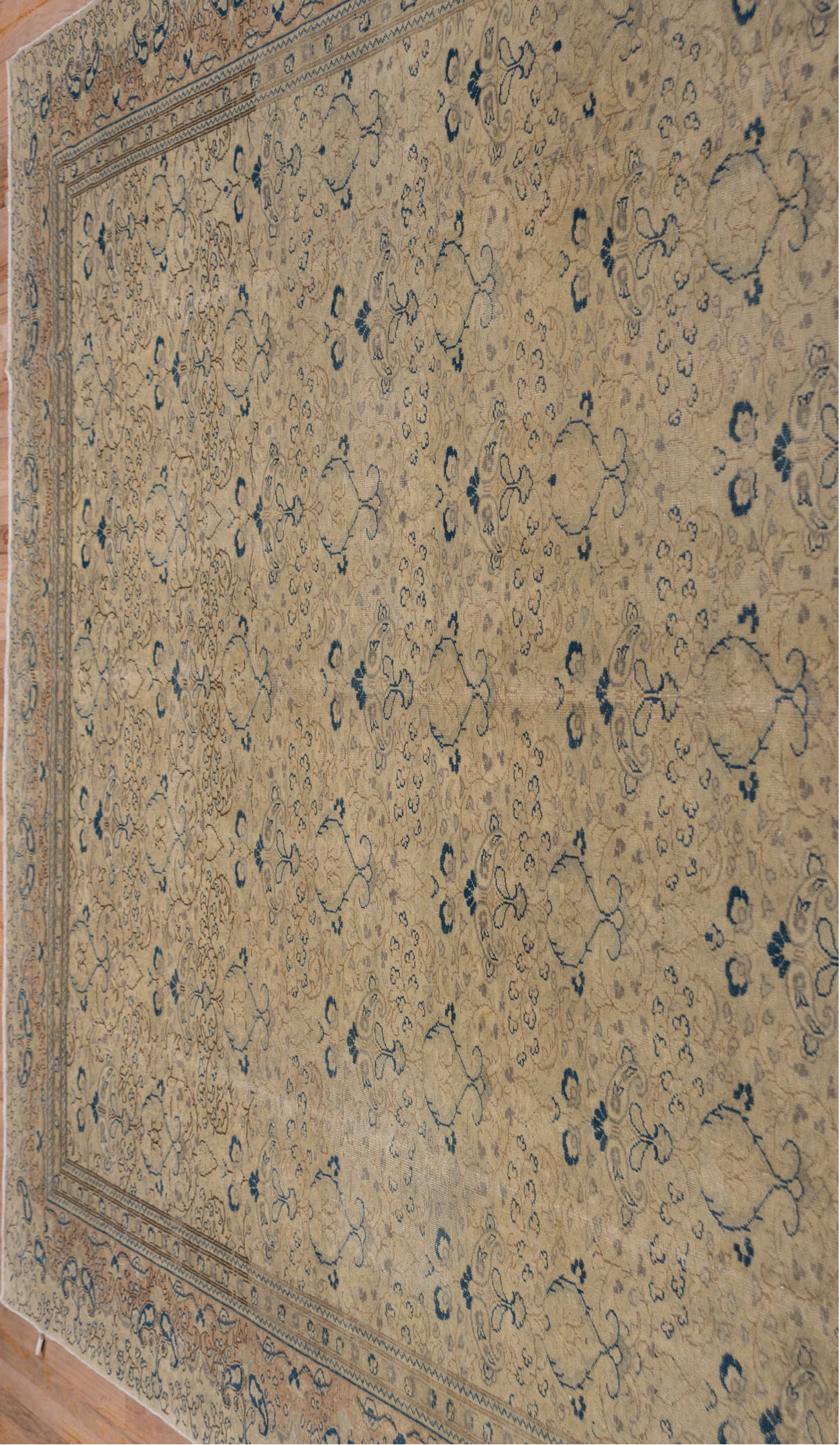 8' x 12' one-of-a-kind handmade vintage Oushak large size rug. Color palette: black, blue, charcoal, gray