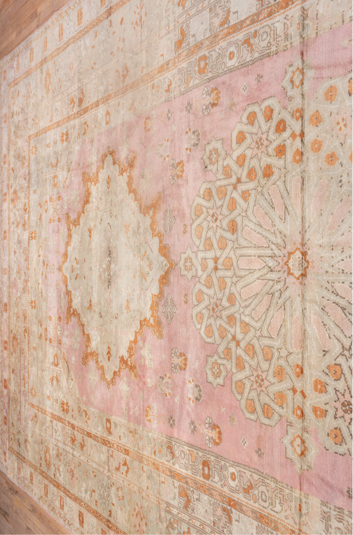 10' x 21' one-of-a-kind handmade vintage Oushak rug. Color palette: pink, light gray, gray, off-white, brown