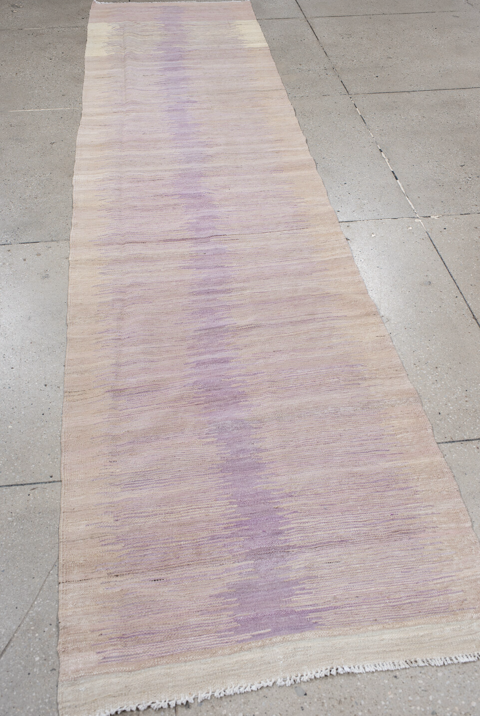 3' x 12' one-of-a-kind handmade vintage Kilim runner rug. Color palette: gray, light gray, off-white, pink, silver