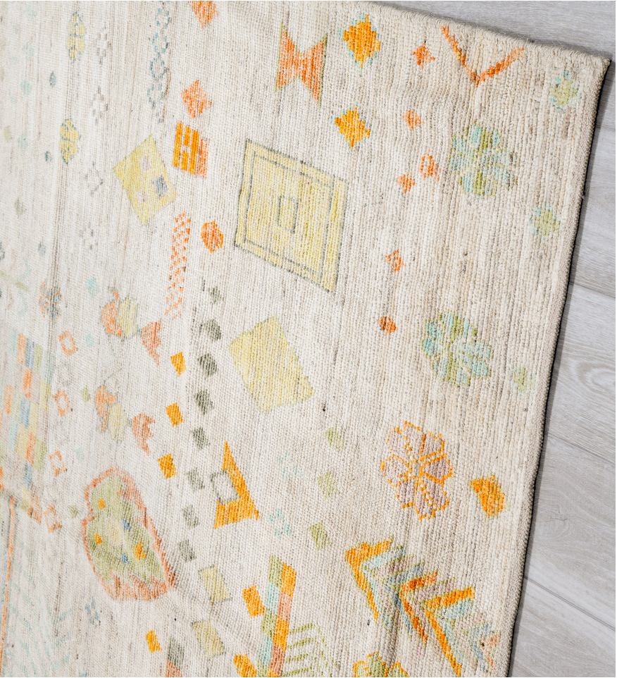 10' x 14' one-of-a-kind handmade vintage Tulu large size rug. Color palette: bisque, black, blanched almond, brown