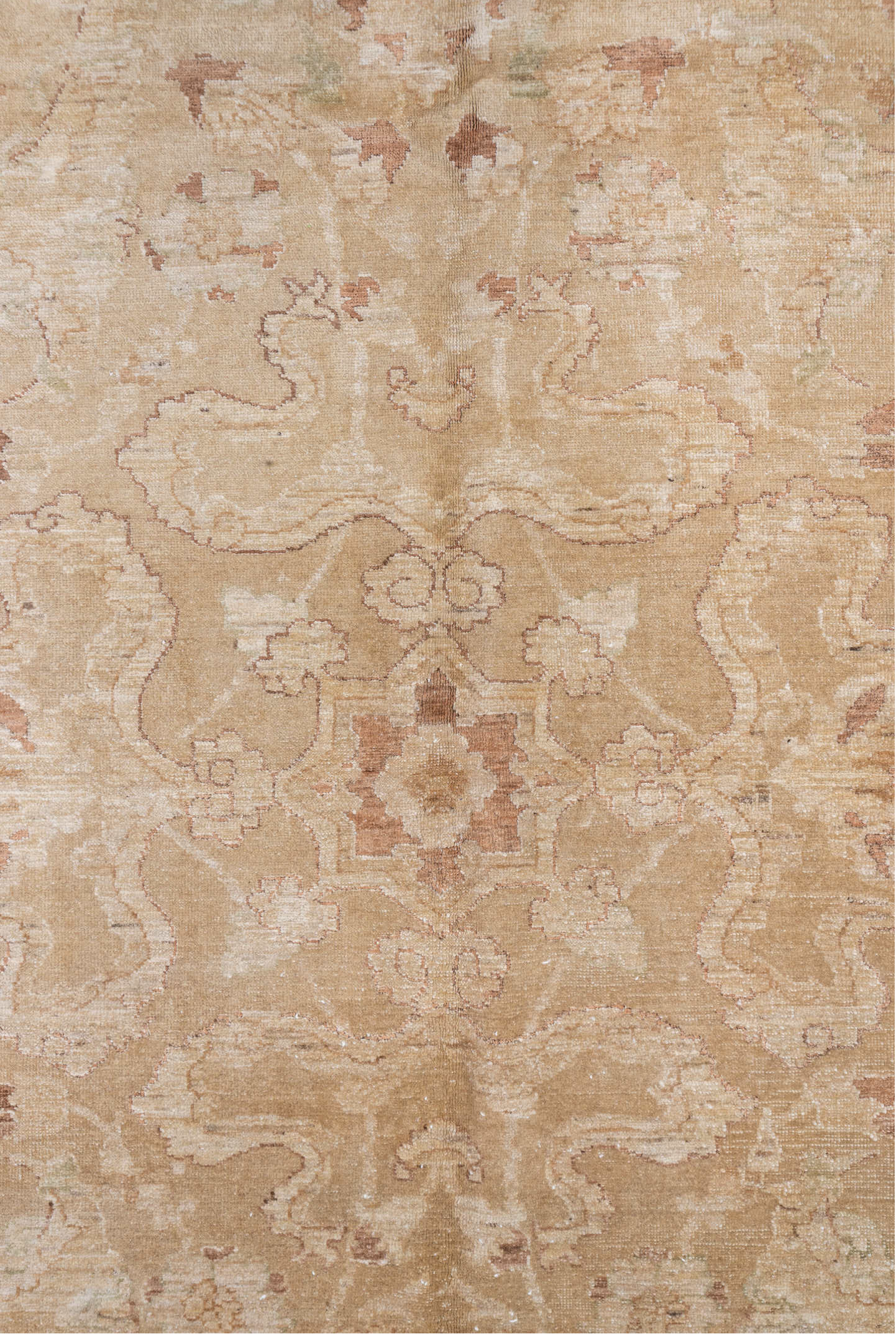 8' x 12' one-of-a-kind handmade vintage Amritzar large size rug. Color palette: brown, gray, light gray, off-white, orange