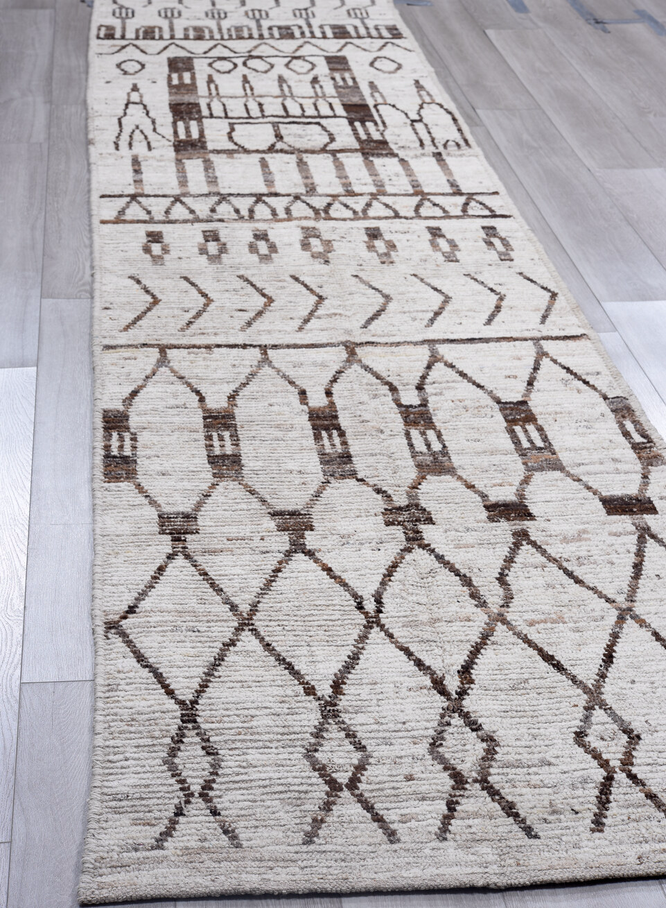 3' x 16' one-of-a-kind handmade vintage Tulu runner rug. Color palette: black, brown, charcoal, dark gray, dim gray