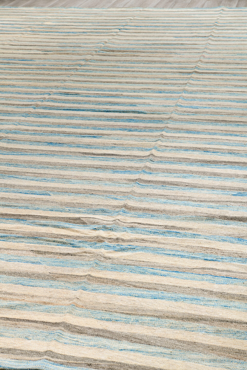 14' x 19' one-of-a-kind handmade vintage Tulu oversize rug. Color palette: blue, brown, gainsboro, gray, light blue