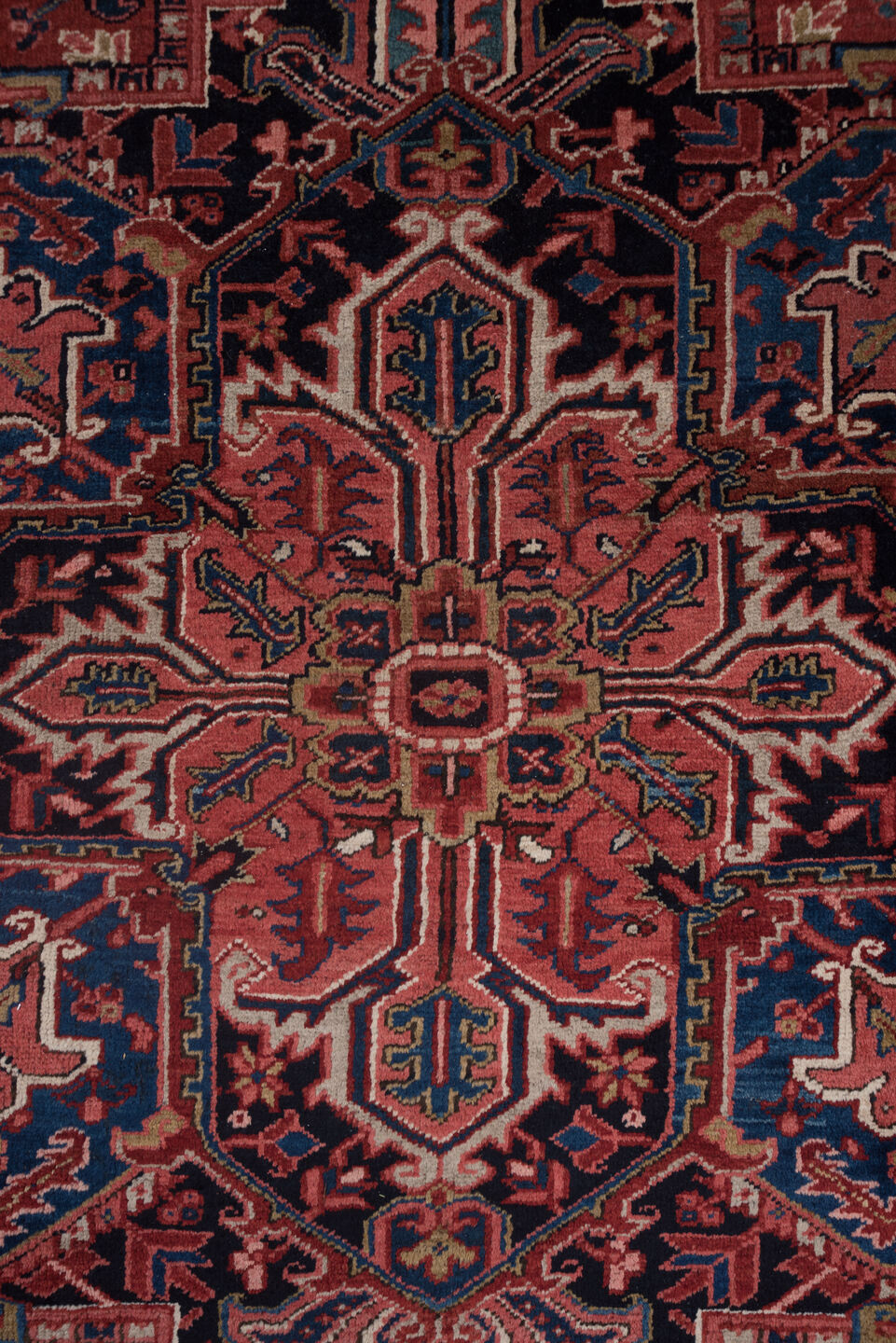 8' x 10' one-of-a-kind handmade vintage Heriz large size rug. Color palette: black, blue, brown, fiord, gray, pink, red
