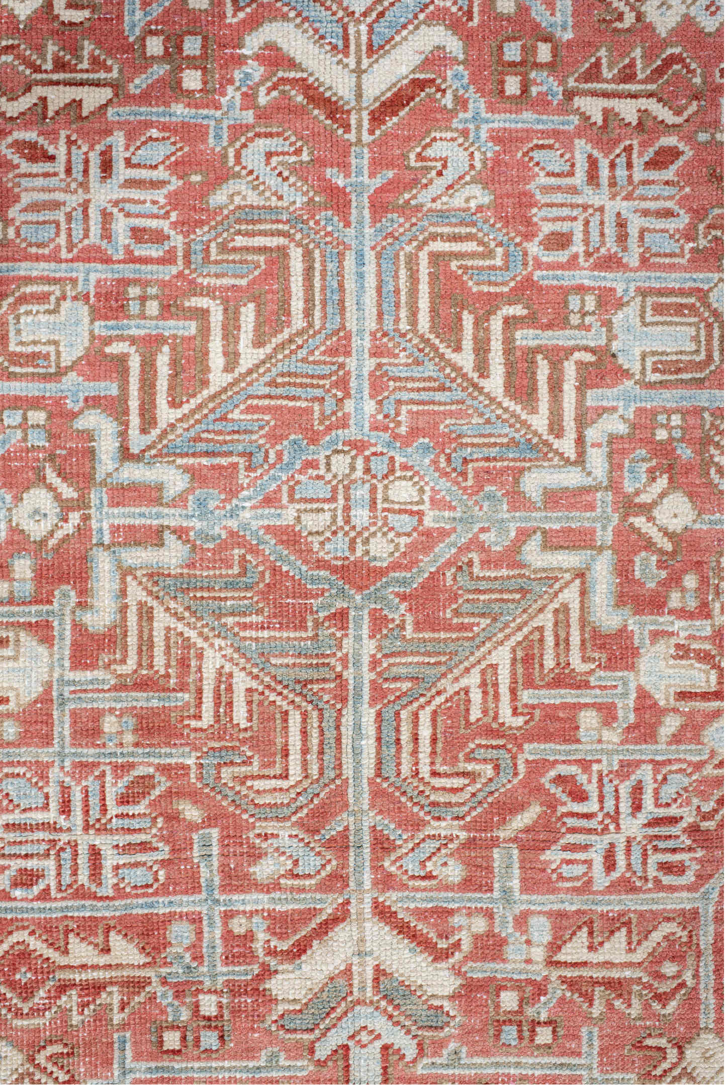 6' x 9' one-of-a-kind handmade vintage medium size rug. Color palette: red, brown, light gray, off-white, gray, pink