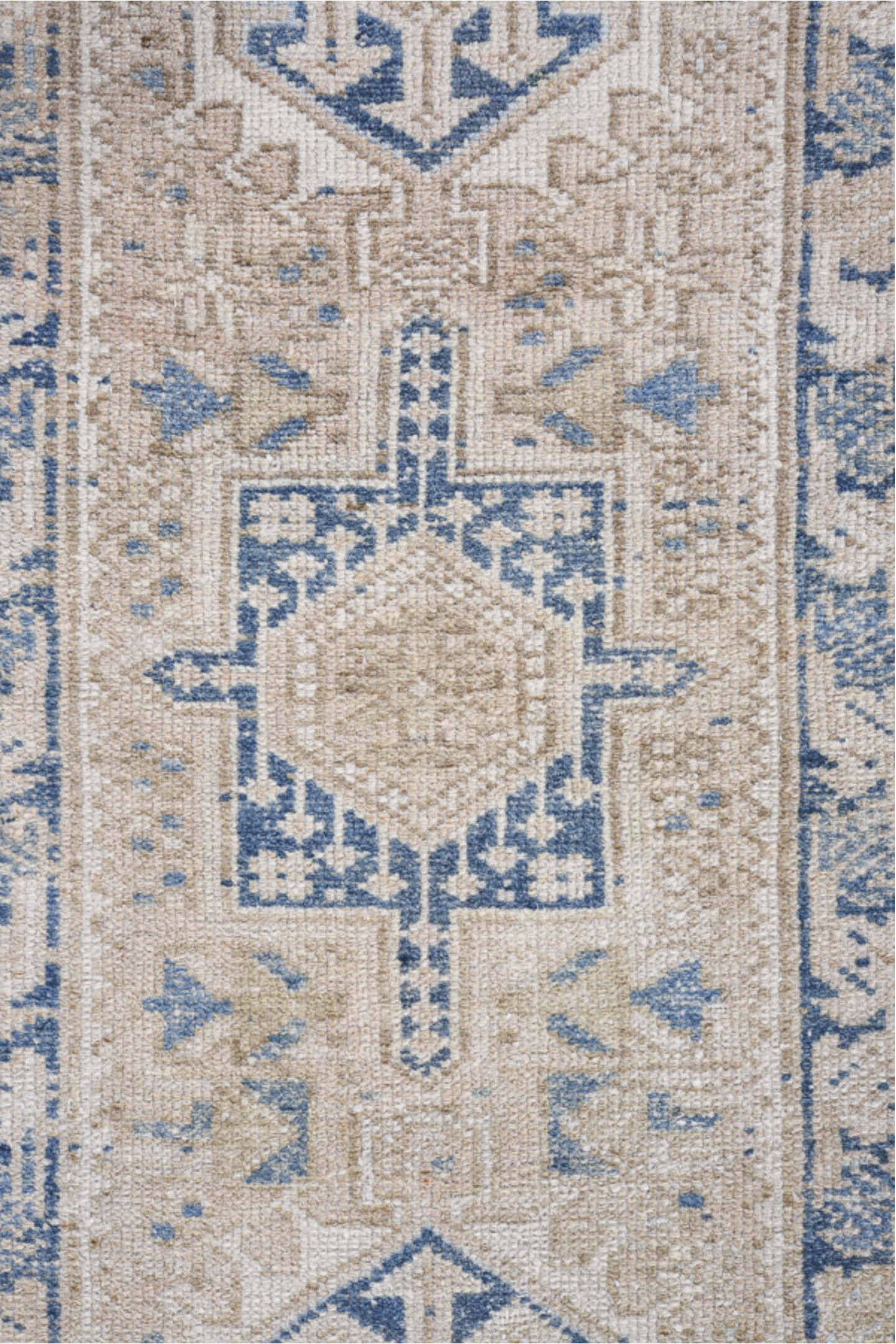 1' x 5' one-of-a-kind handmade vintage Karaje small size rug. Color palette: gray, blue, light gray, off-white