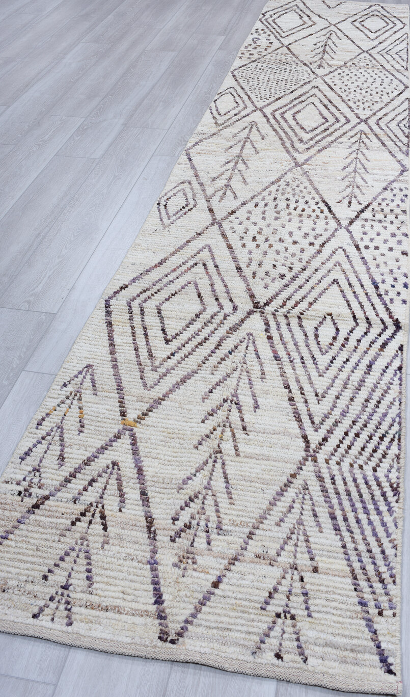 2' x 13' one-of-a-kind handmade vintage Tulu runner rug. Color palette: blue, dark gray, gainsboro, gray, light blue