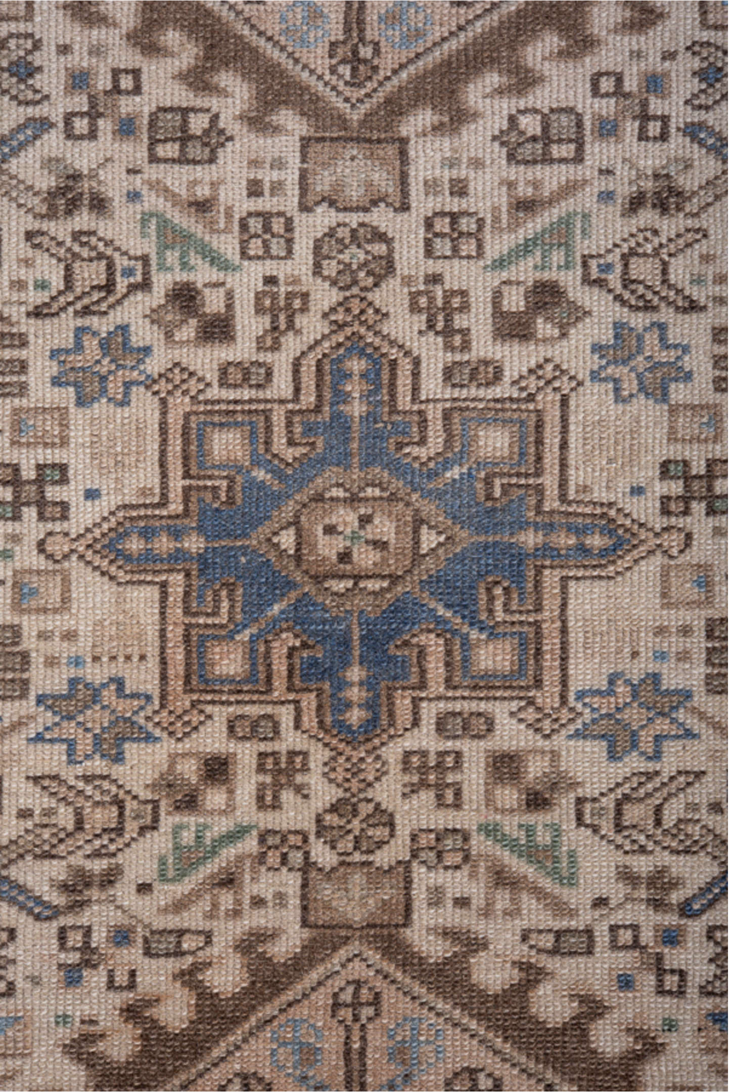 2' x 9' one-of-a-kind handmade vintage Karaje runner rug. Color palette: blue, brown, gray, light gray, light slate gray