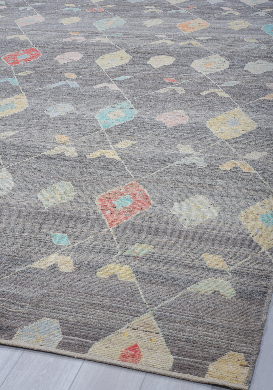 10' x 14' one-of-a-kind handmade vintage Tulu large size rug. Color palette: dark gray, dim gray, gray, light blue