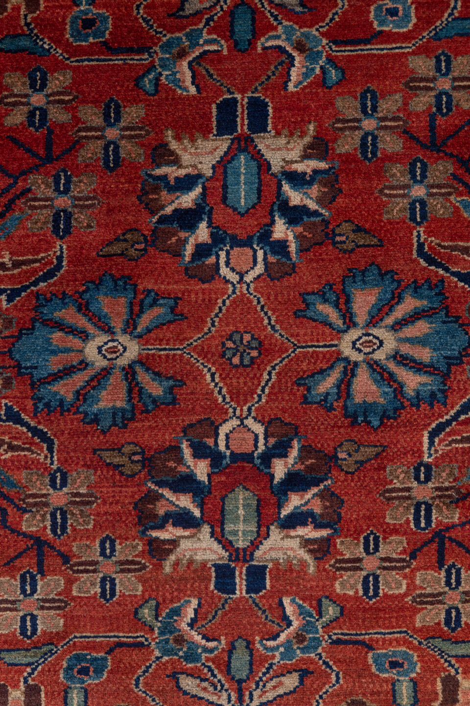 2' x 19' one-of-a-kind handmade vintage Lilian runner rug. Color palette: blue, brown, gray, off-white, pink, red, redwood