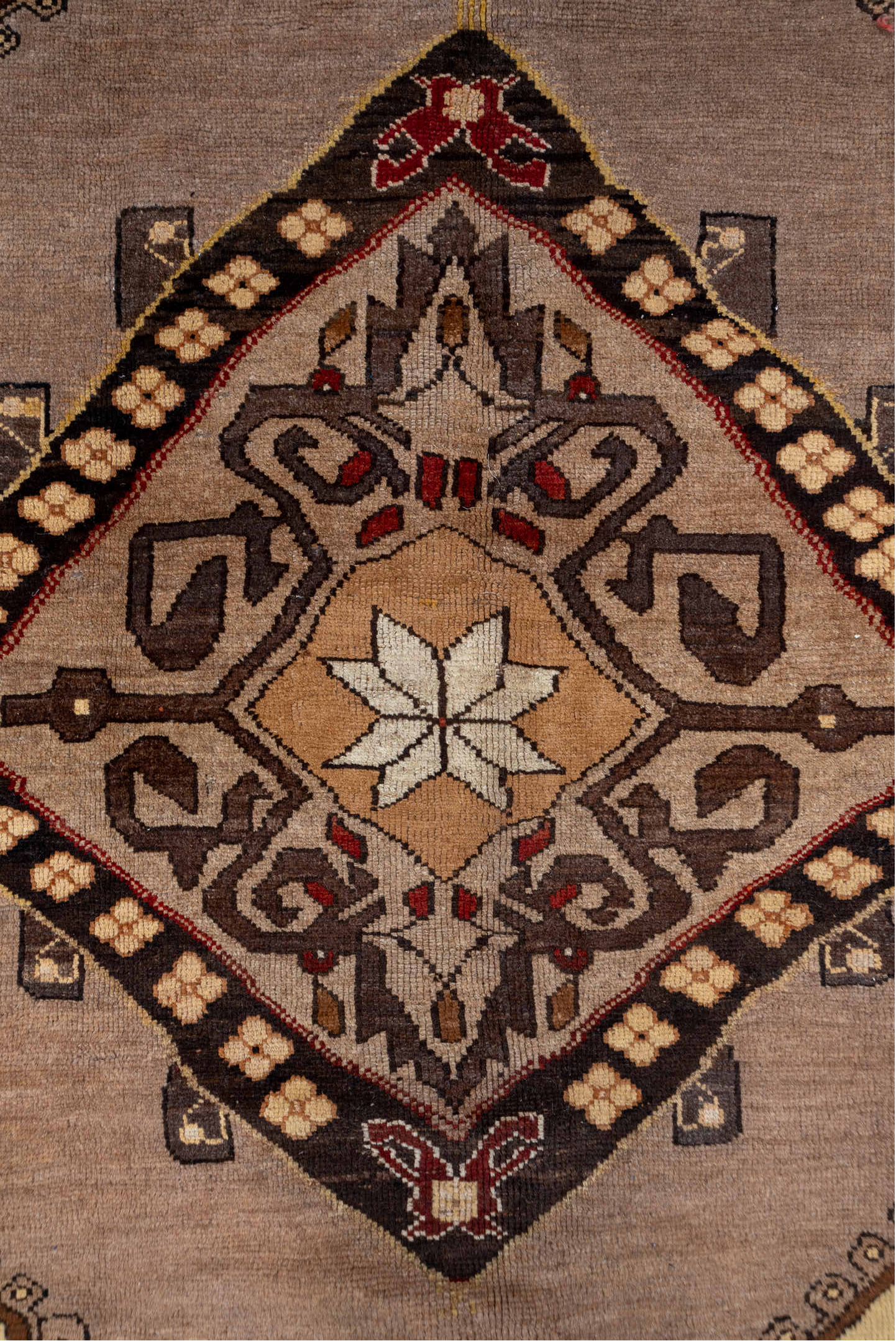 7' x 9' one-of-a-kind handmade vintage Kars rug. Color palette: black, brown, gray, off-white, pink, snow, white, whitesmoke