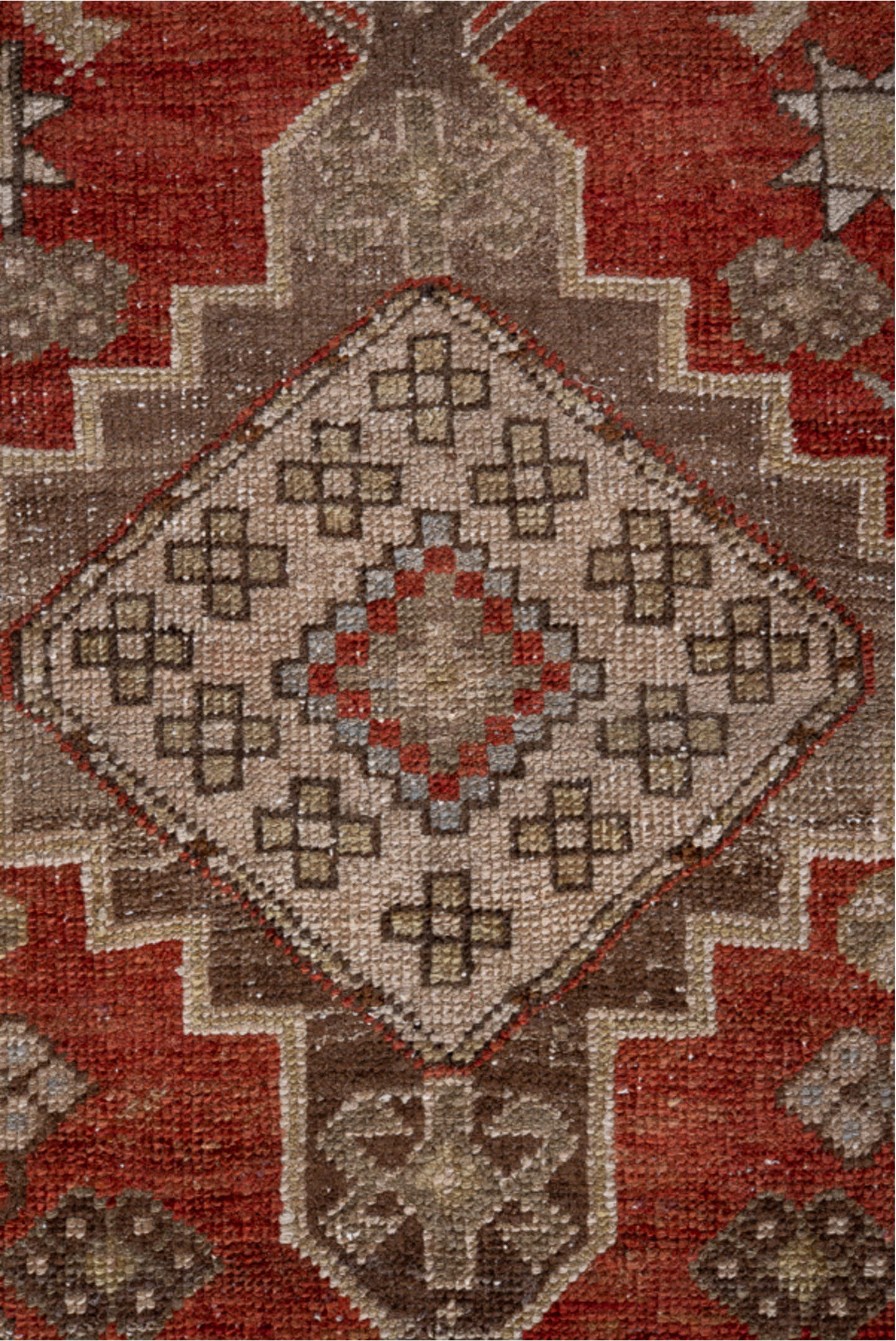 3' x 7' one-of-a-kind handmade vintage Heriz rug. Color palette: blue, brown, gray, light gray, off-white, pink, red