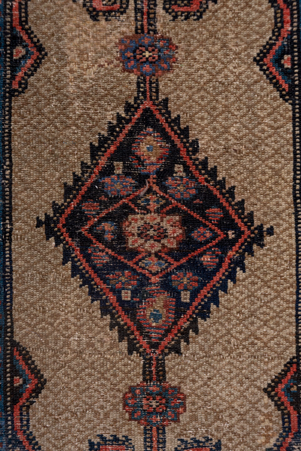 2' x 14' one-of-a-kind handmade vintage Cam Hamadan runner rug. Color palette: blue, brown, dim gray, gray, off-white, pink